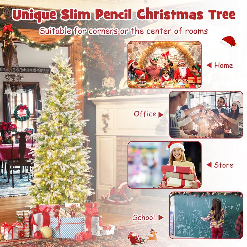 Gymax 6/7.5/9 FT Pre-Lit Artificial Christmas Tree Snow Flocked Hinged