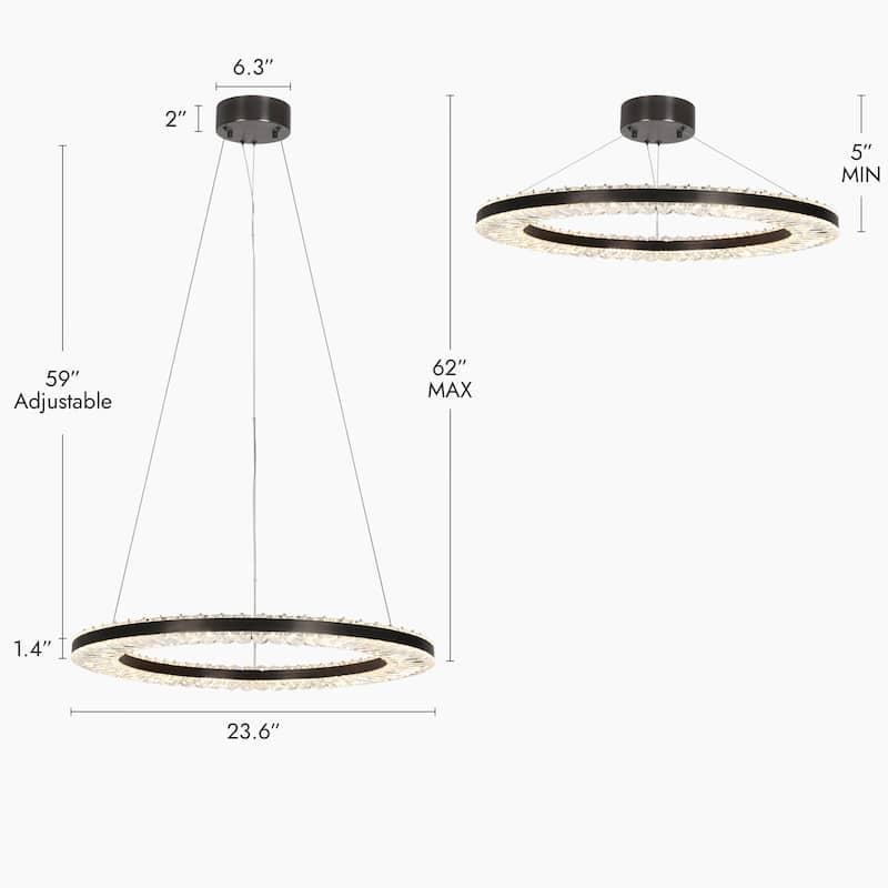 Modern 1-Light LED Black Crystal Chandelier for Dining Room - Dia. 23.6" x H 1.4"