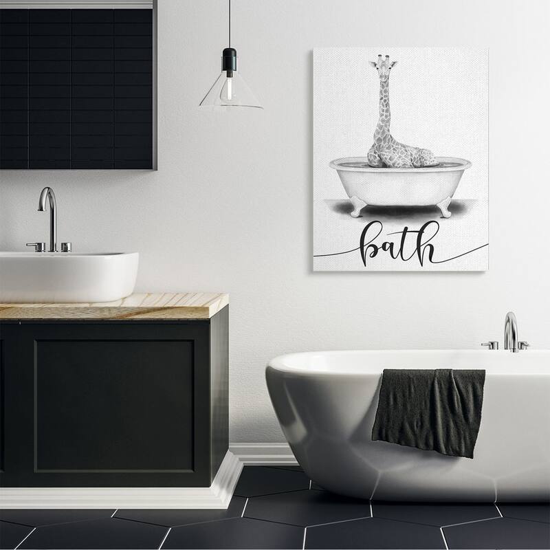 Stupell Giraffe in Bath Sketch Bathroom Cleanliness Sign Canvas Wall Art - Grey