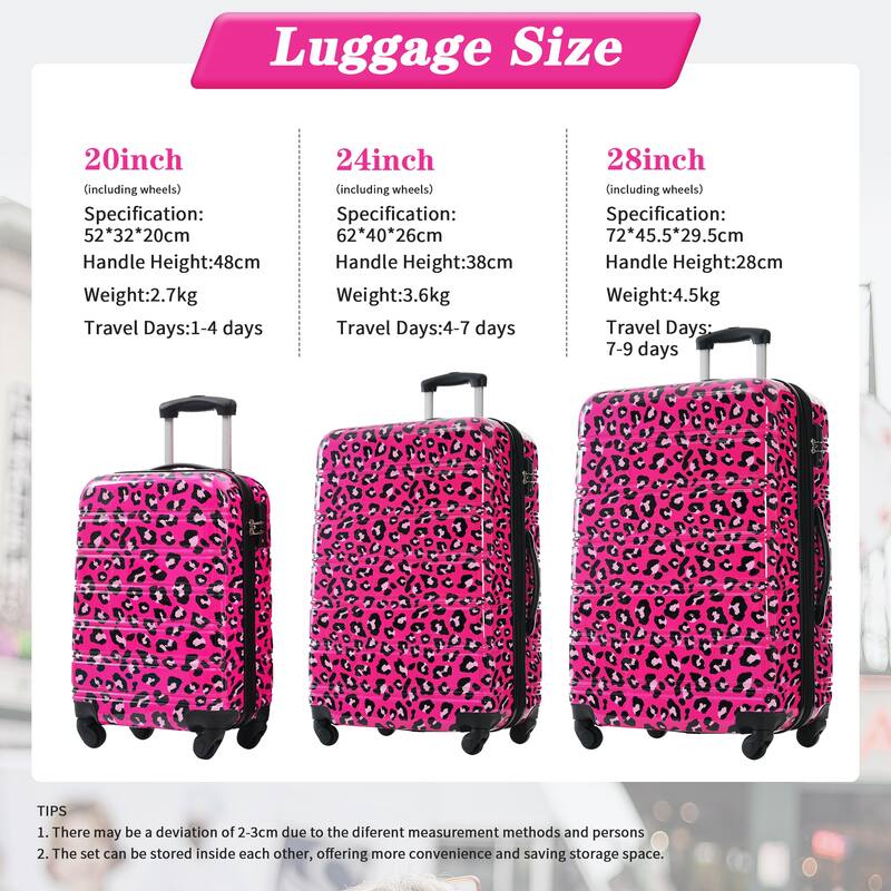 3-Piece, Modern Luggage Sets, Expandable Luggage with Silicone Handles and TSA Lock, for Boarding Travel, Hot Pink Leopard