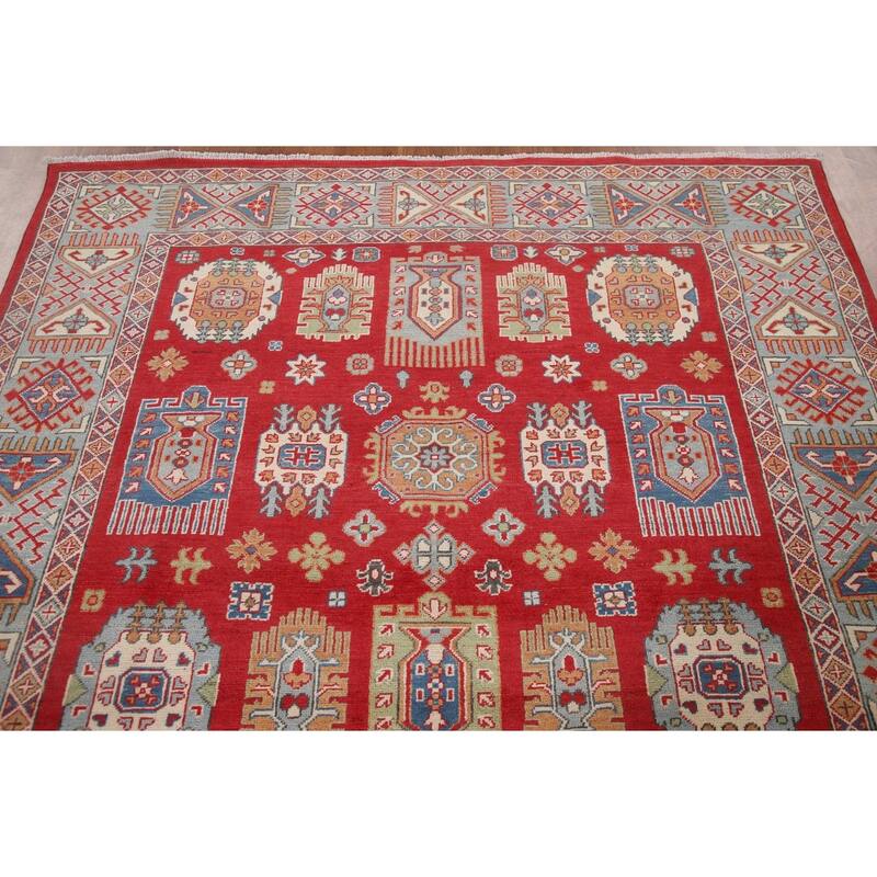 Hand Knotted Oriental 100% Wool Carpet Traditional Geometric Red Kazak Area Rug - 9' 8'' X 6' 4''