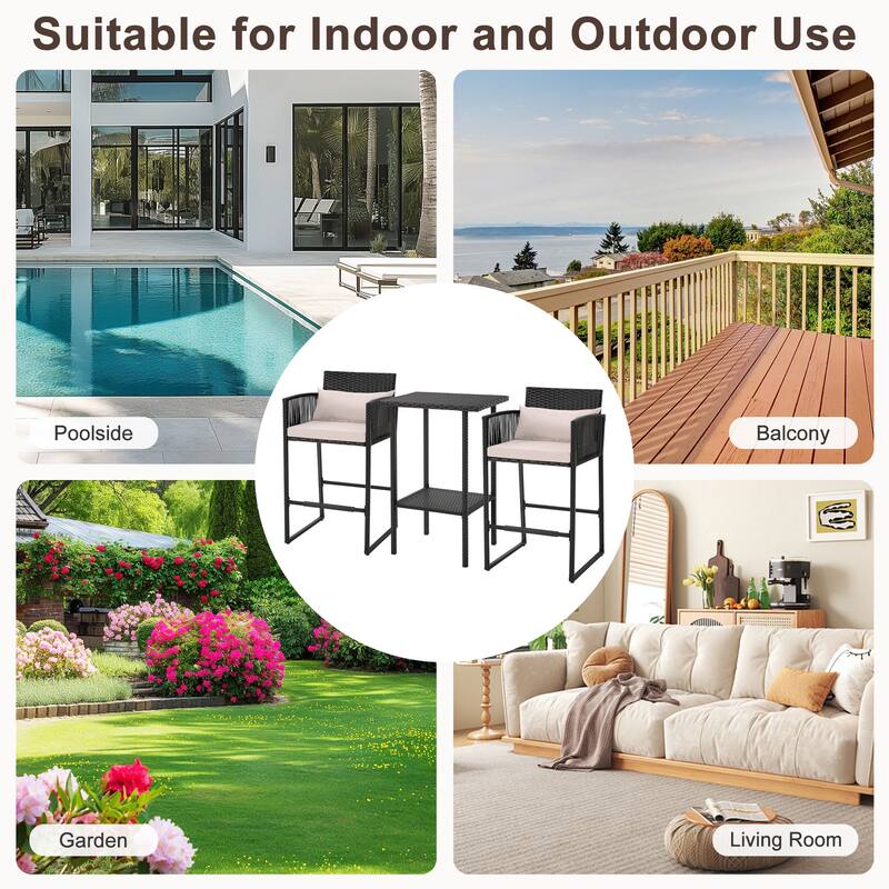 AVAWING 3PCS Patio Wicker Bar Set with Extra Cushion Cover