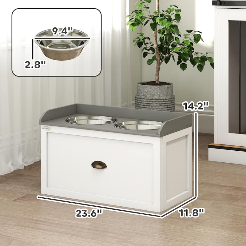 PawHut Dog Feeding Station with Storage Drawer, Removable Elevated Dog Bowls for Large Sized Dogs, White and Black