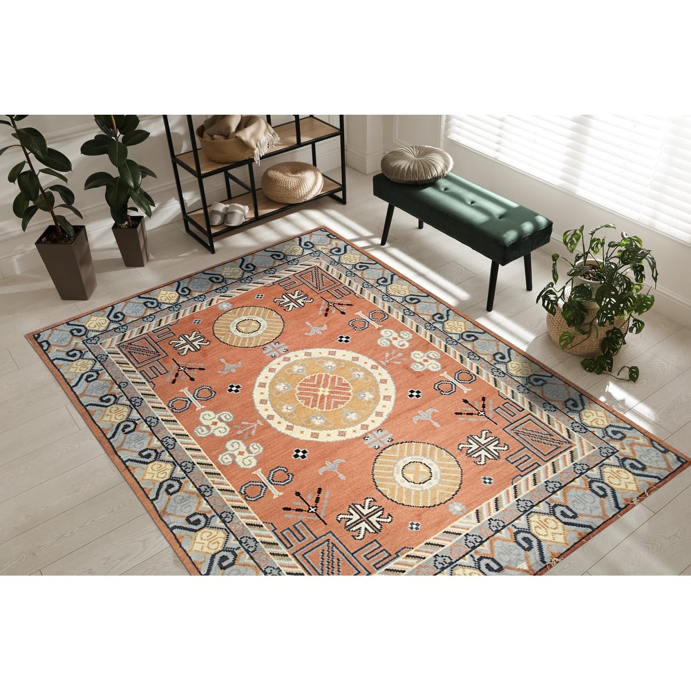 Home Décor Hand-Knotted Wool Khotan Weave Rug | Elegant Rust Area Rug for Living Room, Bedroom, or Office | Timeless