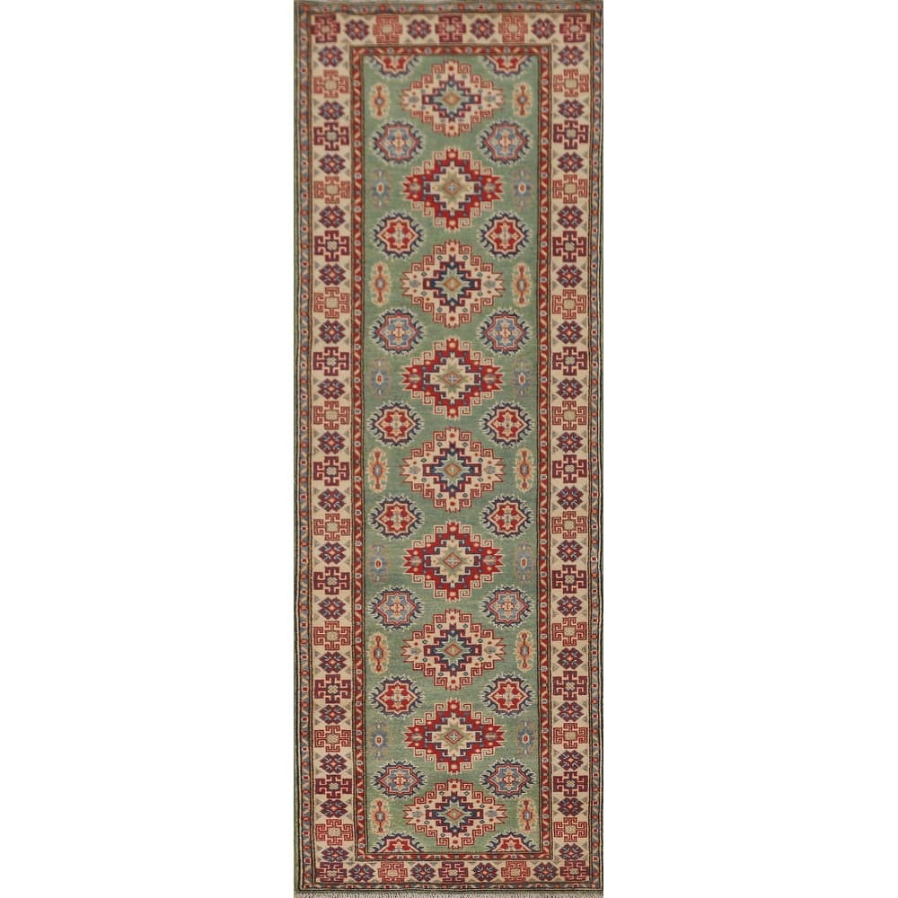 Green Kazak Runner Rug Handmade Wool Carpet - 2'8" x 9'7"