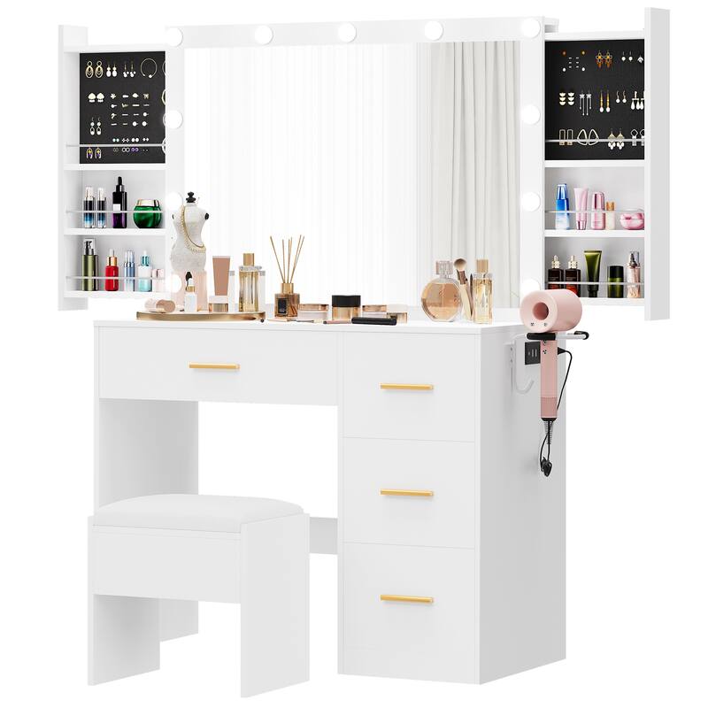 Moasis White Vanity Desk Set with Lighted Mirror Charging Station and 4 Large Drawers - 15.74"D x 35.43"W x 53.54"H