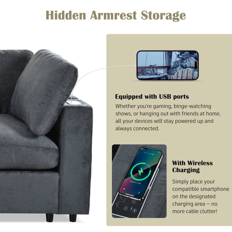Upholstered Modular Sofa with USB Charge Ports and Wireless Charging, Built-in Bluetooth Speaker, Sectional Couch