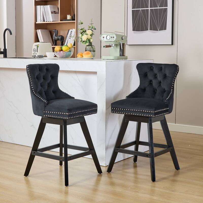 Swivel Bar Stools Set of 2, Velvet Counter Height Barstools with Wooden Legs, Kitchen Island Chairs with Button Backrest