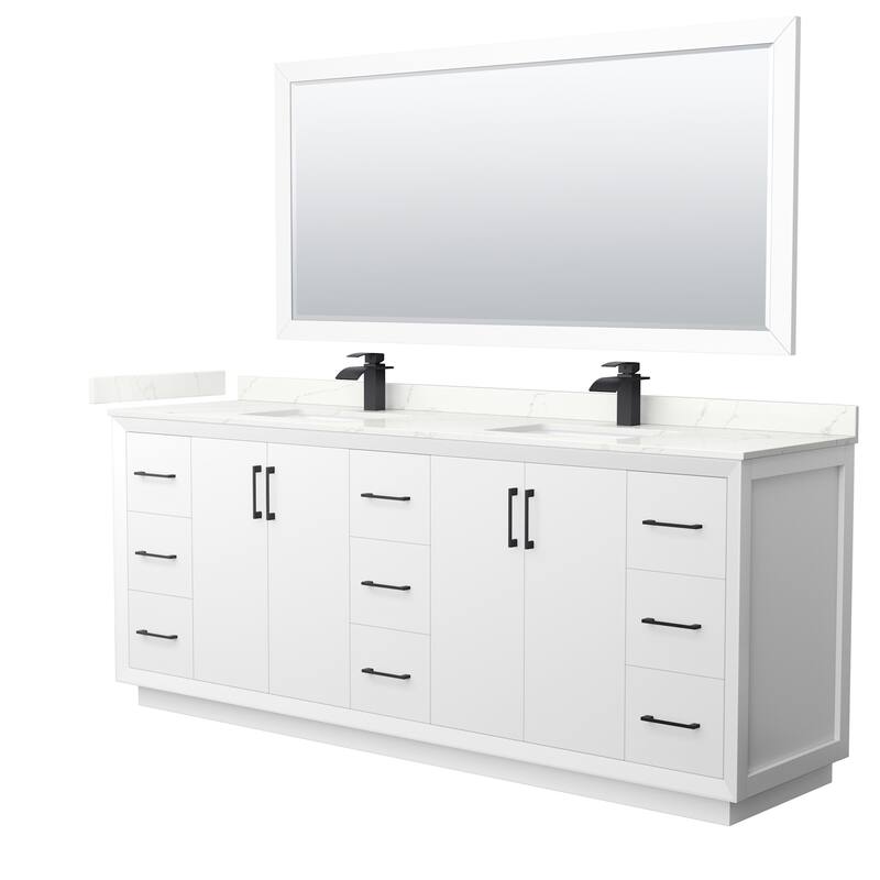 Wyndham Collection WCF414184D-QTZ-UNSM70 Strada 84" Free Standing - White / Giotto Quartz Top / Matte Black Hardware