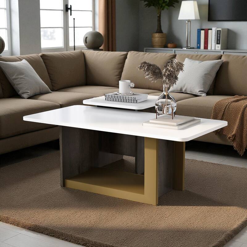 Modern Light Luxury Coffee Table Set of 2, Square Center and Side Table with Metal Frame for Living Room - White