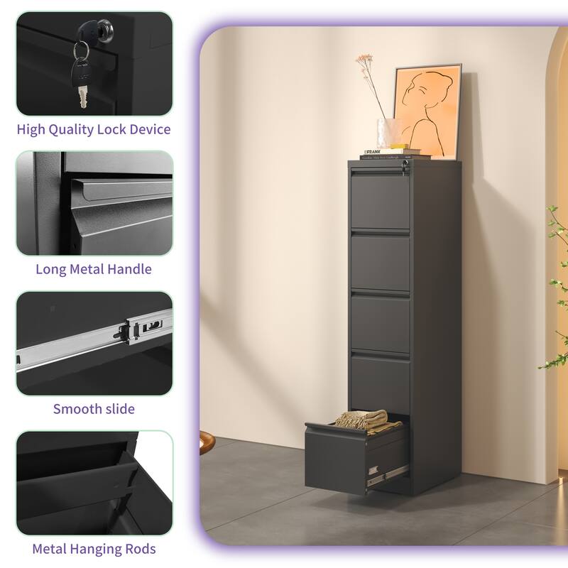 Modern Filing Cabinet, Vertical Filing Cabinet with 5 Drawers, Anti-Tilt System and Locks, for Home Office