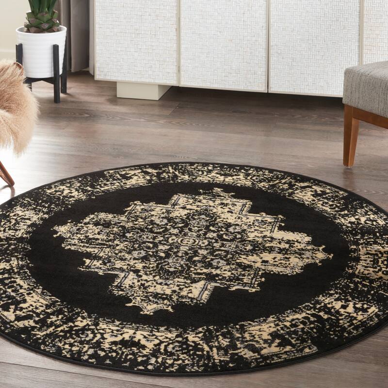 Nourison Grafix Distressed Vintage Medallion Area Rug - 5'3" Round - Black