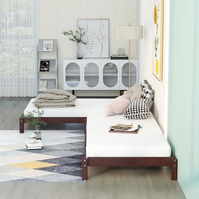L-Shaped Selected Separable Twin Platform Bed Practical Space Saving Stackable Bed for Guest Bedroom (Include 2 Single Bed)
