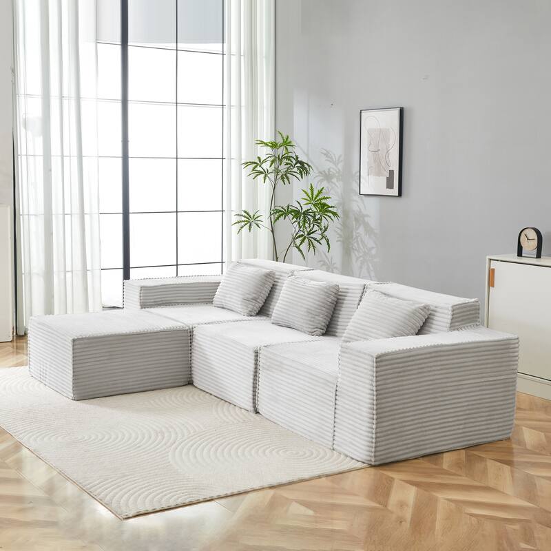 L-Shaped Modular Sectional Sofa with Ottoman, Striped Corduroy Deep Seat Cloud Couch, Compressed 3-Seat Sofa for Home, Apartment