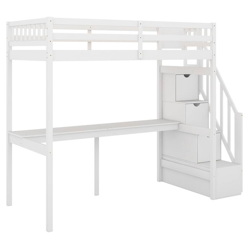 Twin Size Loft Bed with Storage Staircase and Built-in Desk, Space-Saving Solid Wood Twin Bed Frame with Full-Length Guardrail