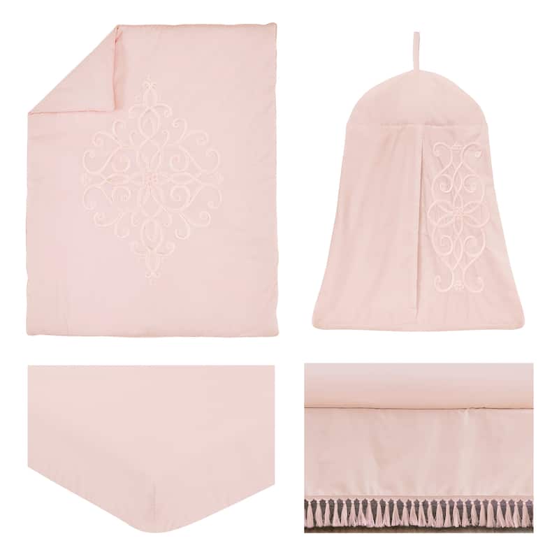 Pink Boho Collection Girl 4pc Nursery Crib Bedding Set - Solid Color Blush Shabby Chic Princess Luxurious Luxury Elegant Vintage