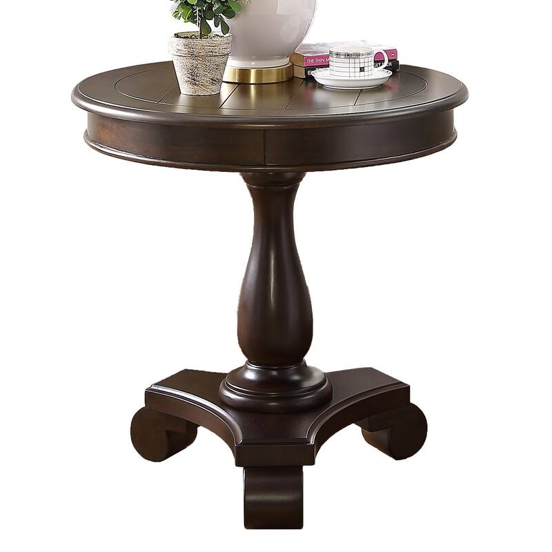 Rene Round Wood Pedestal End Table with Scrolled Legs