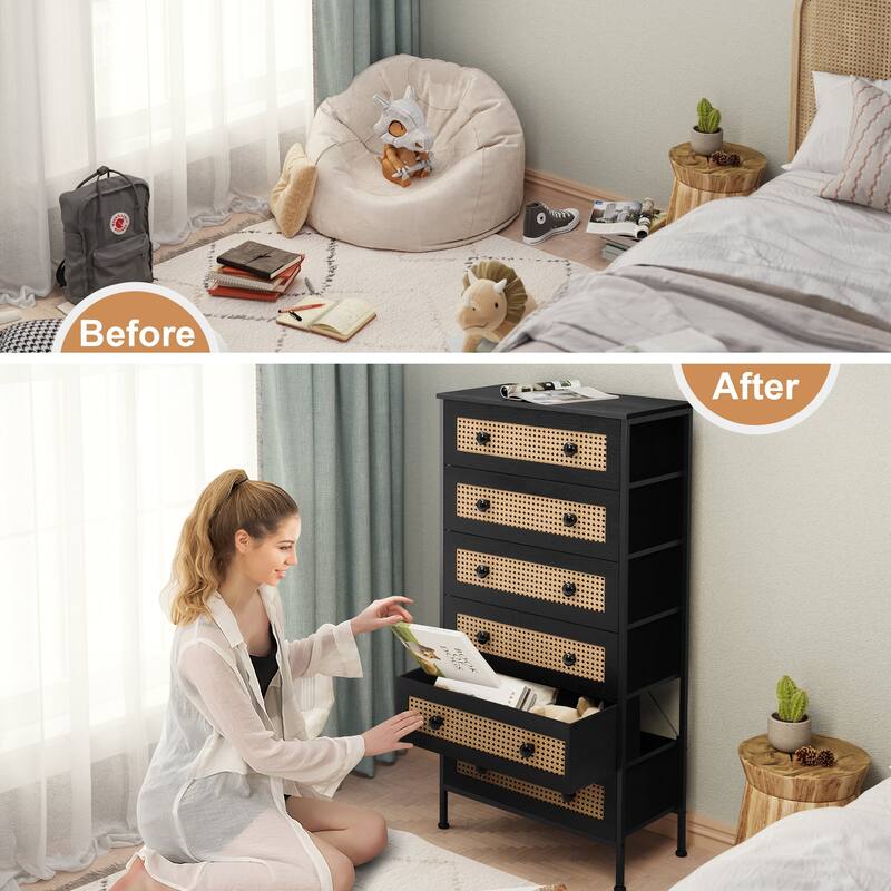 6-Drawer Chest Faux Rattan Fabric Drawers Dresser Storage Cabinet Bedroom Organizer