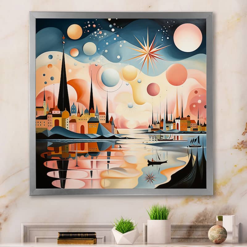 Designart "Vintage City In Retro Pastel Palette I" Abstract Landscape Framed Wall Art Prints - 36 in. wide x 36 in. high - Silver