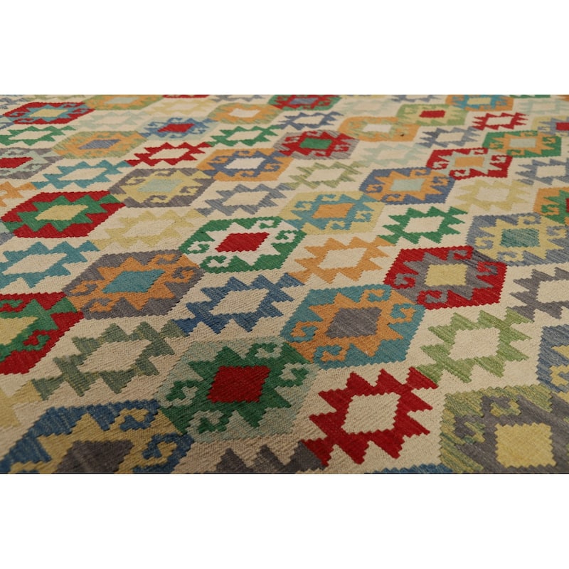 Geometric Beige Kilim Oriental Area Rug Flatweave Wool Carpet - 8'5" x 10'3"