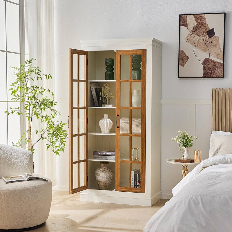 71.2'' Tall Display Cabinet with Glass Doors, Rustic Style China Cabinet, Curio Cabinet for Collectibles Figures Trophies