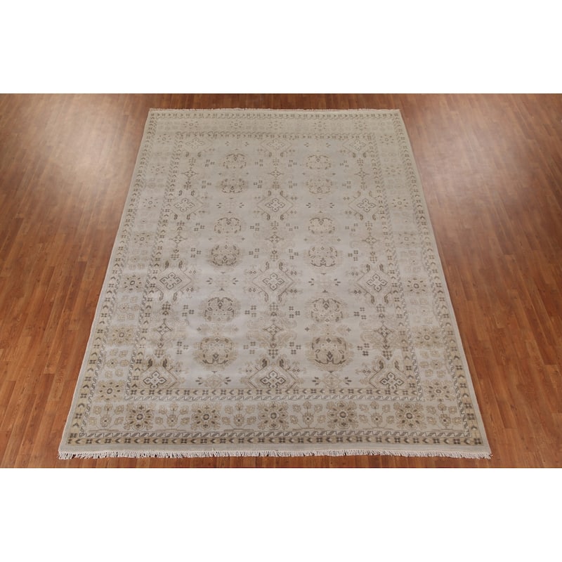 Geometric Oushak Area Rug Hand-Knotted Oriental Wool Carpet - 9'0"x 11'9"