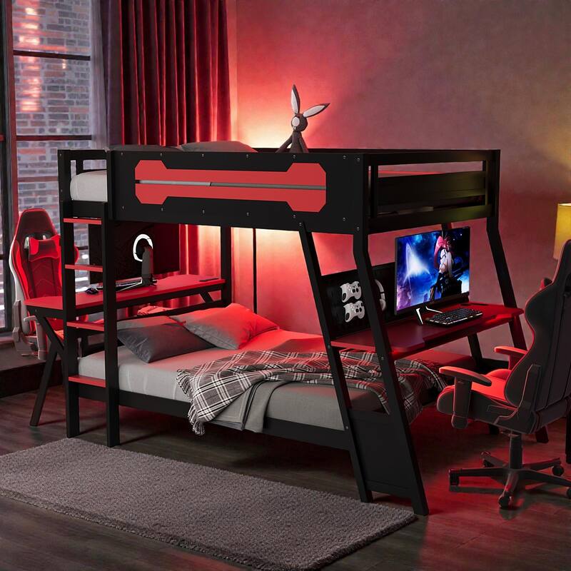 Twin/Full Gaming Bunk Bed with Dual Desks, USB Charging Ports and Pegboard Organizer, Gamer Bunk Frame