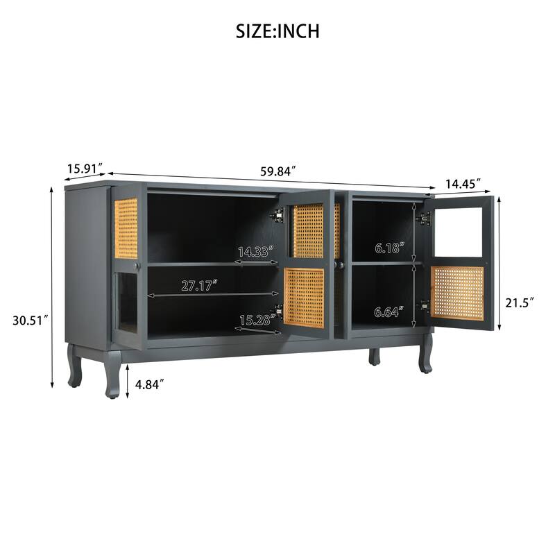 4-Door Sideboard with Large Storage Space Artificial Rattan Doors and Transparent Glass, for Dining Room Living Room