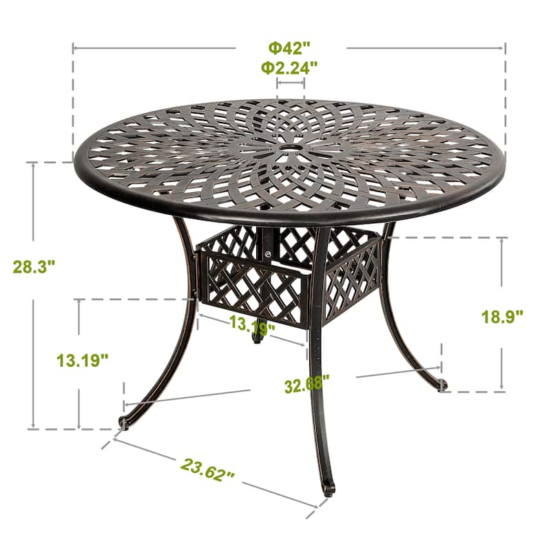 Round Cast Aluminum Outdoor 42'' Dining Table with 2.24'' Umbrella Hole, Black with Gold-Painted Edges