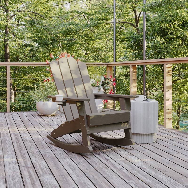 Commercial All-Weather Rocking Adirondack Chair with Swiveling Cupholder - Brown