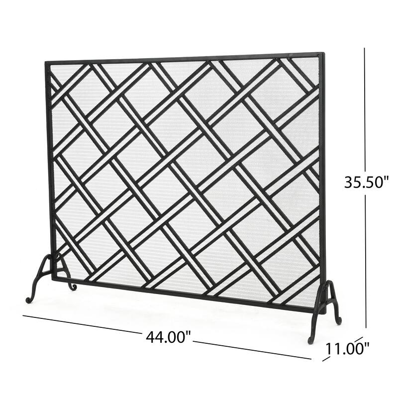 Roomfitters Single Panel Iron Fireplace Screen, Modern Diagonal Lattice Geometric Spark Guard for Hearth Safety, Mesh, Black