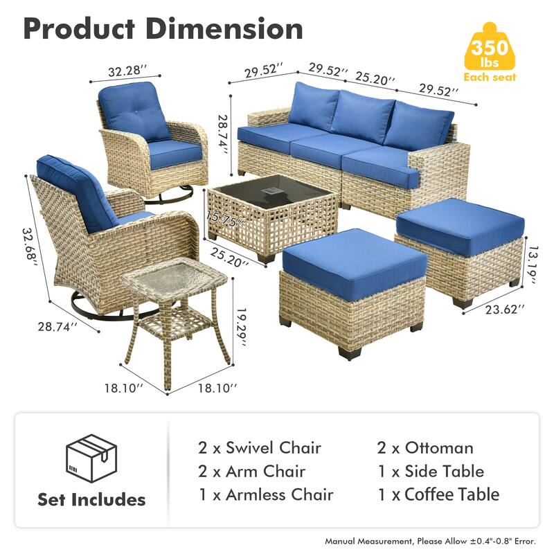 OVIOS 9 Pieces Wide Arm T shaped Seat Curved Swivel Chair Set With Solar-Powered Table