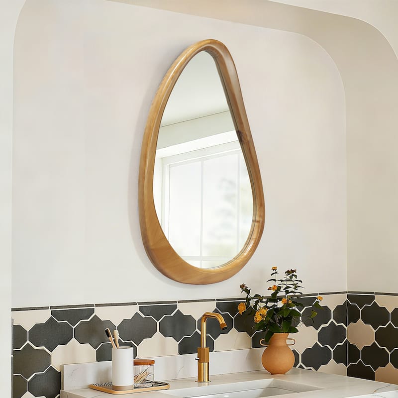 Modern Irregular Teardrop Wooden Wall Mirror, 29.92" x 20.08" Decorative Accent Mirror for Bathroom, Bedroom, Living Room