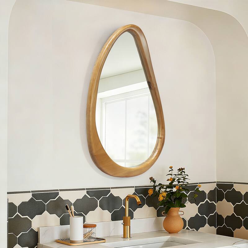 Modern Irregular Teardrop Wooden Wall Mirror - Mid-Century Home Decor for Bathroom, Bedroom - Natural Wood
