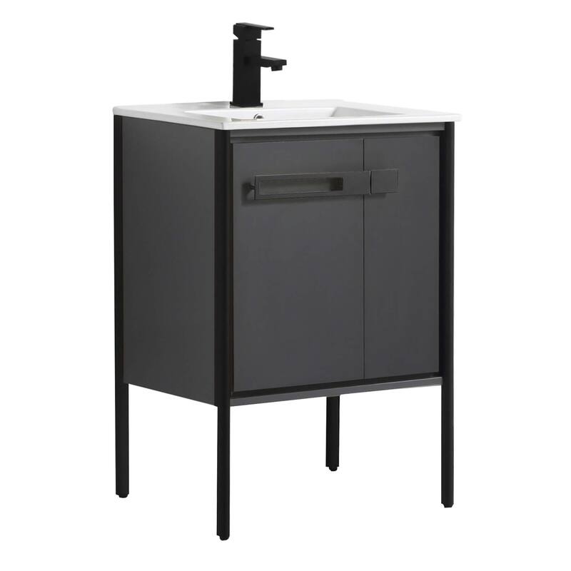 Fine Fixtures Oakville Bathroom Vanity with White Ceramic Sink - 24 Inch - Onix Grey - Black Hardware