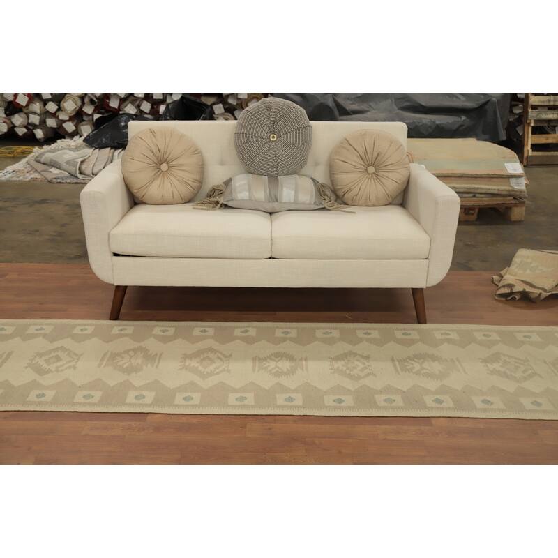 Hand Woven Oriental 100% Wool Carpet Southwestern Tribal Beige & Ivories Kilim Runner Rug - 9' 10'' X 2' 6''