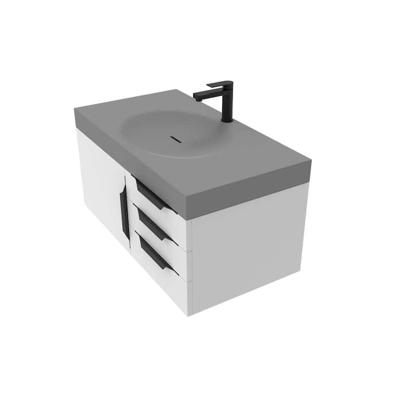 Thames 36" Shallow Basin Wall Mounted Bathroom Vanity Set w/ Gray Top