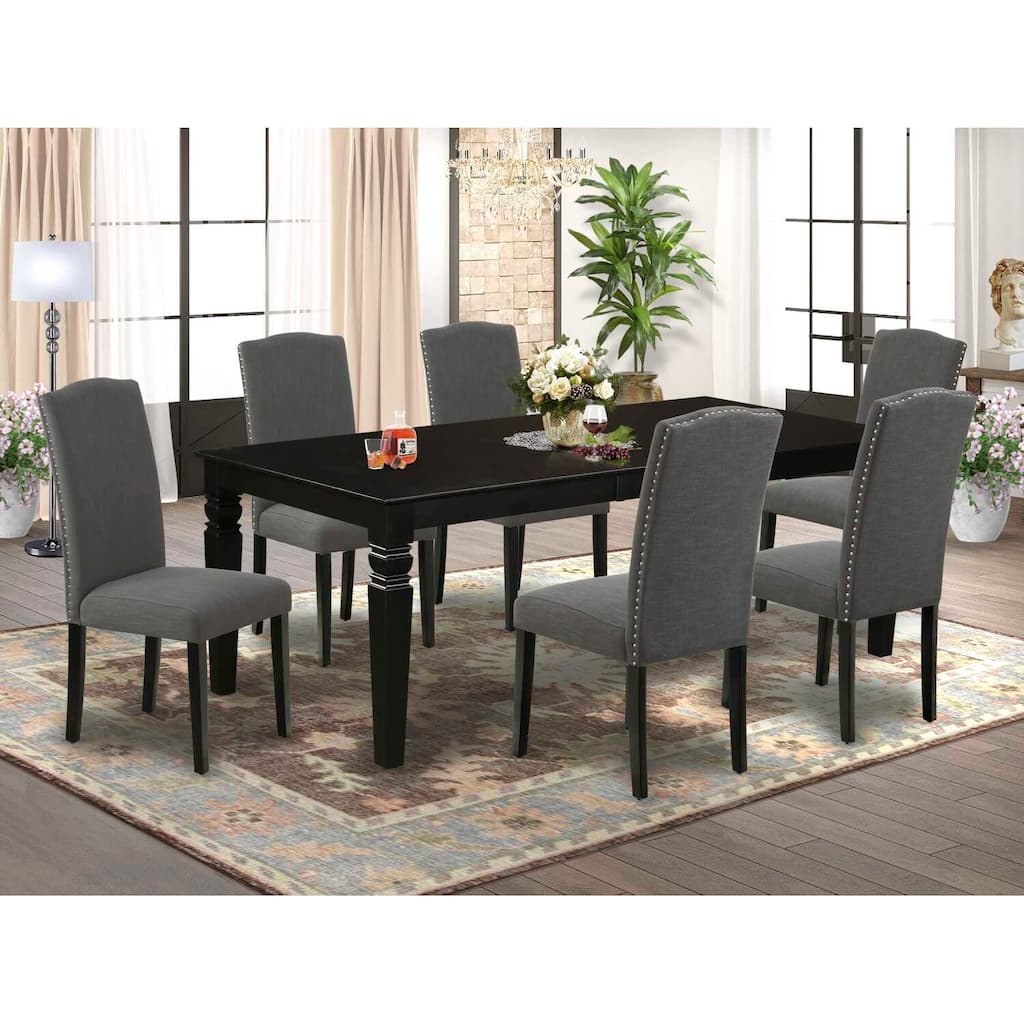 Modern Kitchen Table Set - 7Pc Rectangle Dining Table w/ Butterfly Leaf & 6 Parsons Chairs - Dark Gotham Grey
