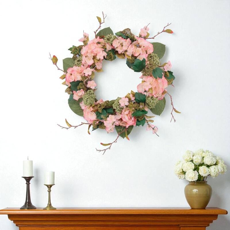 HomeRoots 35" Pink And Green Hydrangea Artificial Wreath - Green/Pink - 35.00 in. x 35.00 in. x 5.50 in.