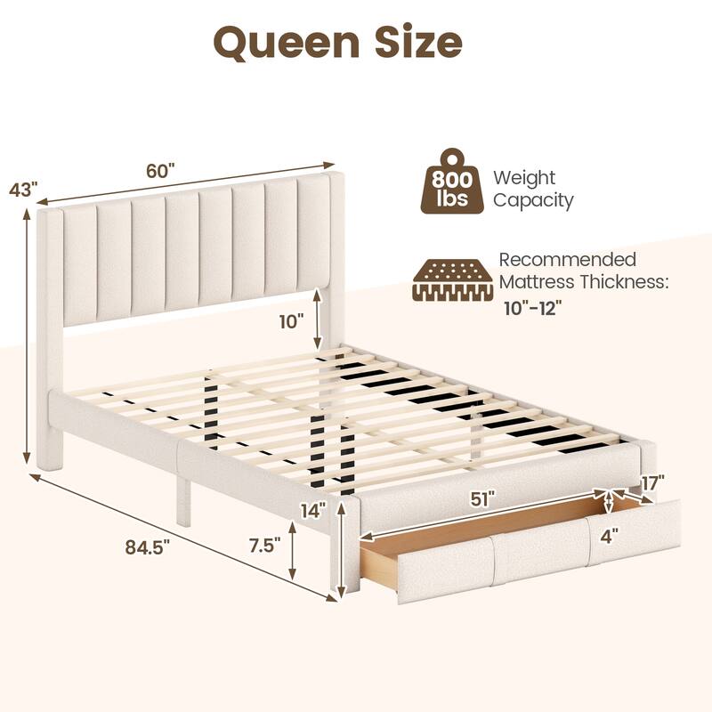 Gymax Queen Size Bed Frame w/Storage Drawer & Vertical Channel