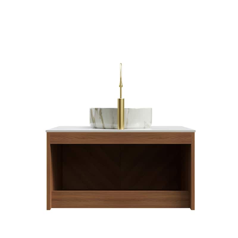 Floating Bathroom Vanity with Sintered Stone Top and Ceramic Vessel Basin