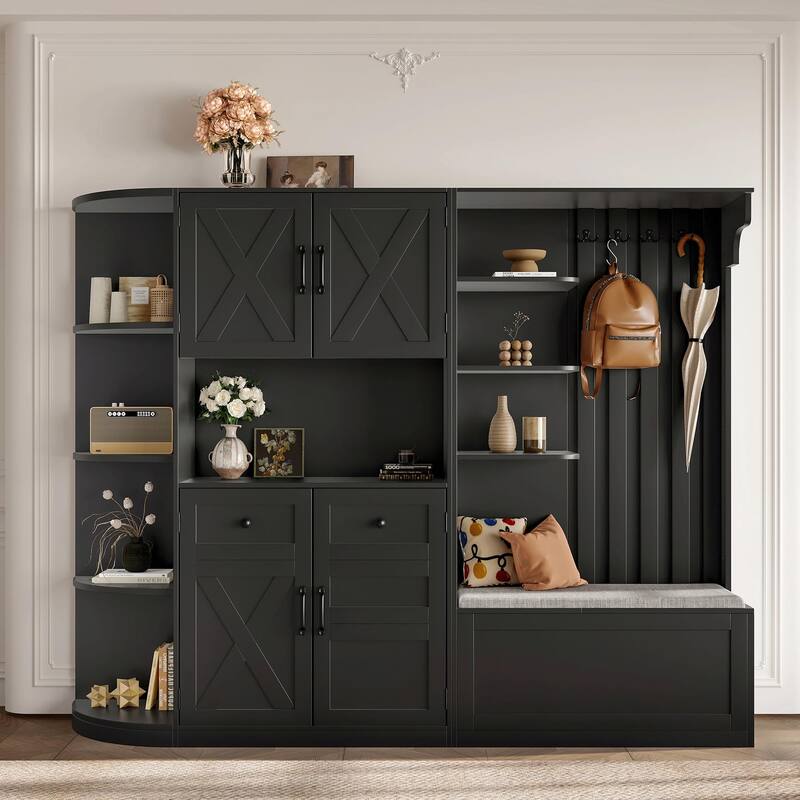 Multifunctional Left-Right Combination Hall Cabinet with Storage and 4 Hooks - Black