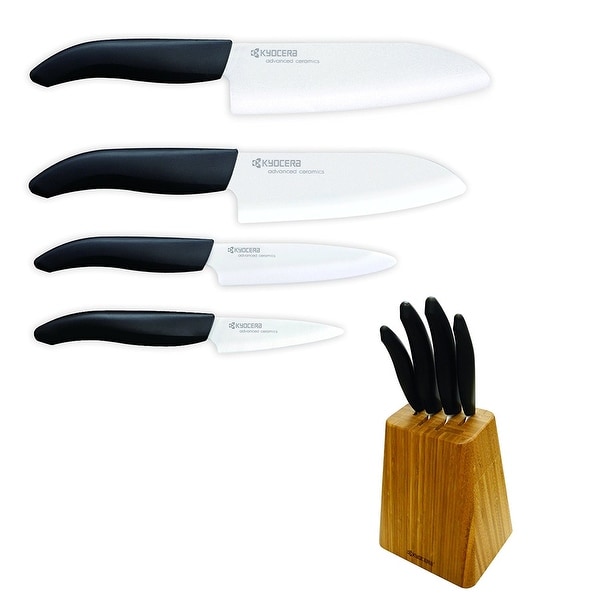 Kyocera Bamboo Knife Block Set: includes 4-slot Bamboo Block and 4 Kyocera Advanced Ceramic Knives-FK-Black Handle/White Blade