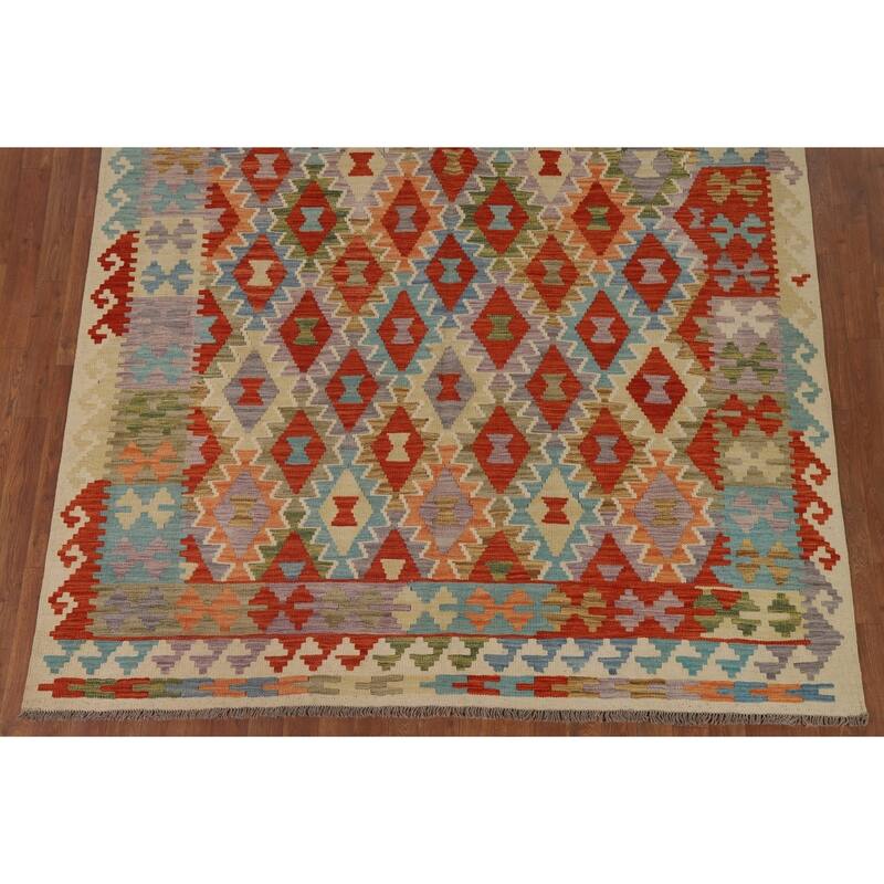 Hand Woven Oriental 100% Wool Carpet Southwestern All-Over Oranges & Rust Kilim Area Rug - 9' 10'' X 6' 5''