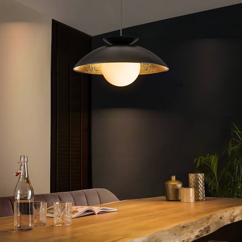 1-Light Modern Dome Gold Leaf Wood Frosted Glass Globe Bubble Pendant Light for Kitchen Island