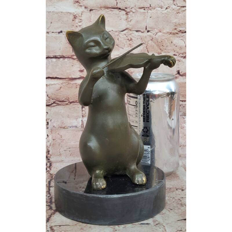 Bronze Cat Playing Violin – Musical Feline Statue On Marble