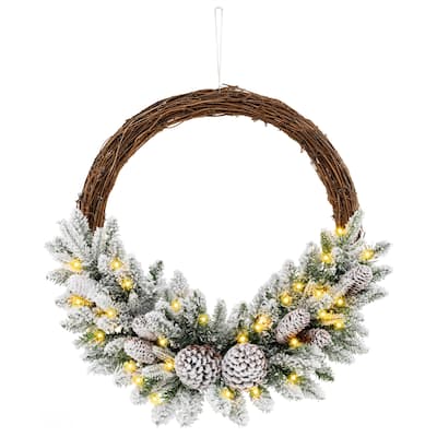 24" Pre-Lit Snow Flocked Christmas Wreath with LED Lights and Pine Cones - Dia 24"