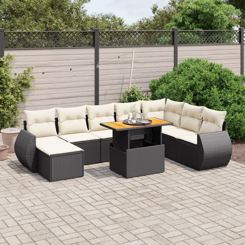 vidaXL Patio Sofa Set with Cushions Outdoor Furniture 9 Piece Poly Rattan - 21.7 x 24.4 x 27.2 - Black and Cream-without storage