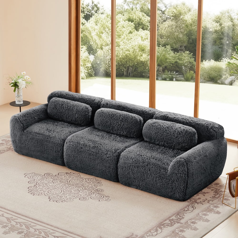 114" Soft And Fluffy Plush Fabric, Modular Sectional Sofa Couches, Ergonomic Design With Ottoman And Throw Pillows