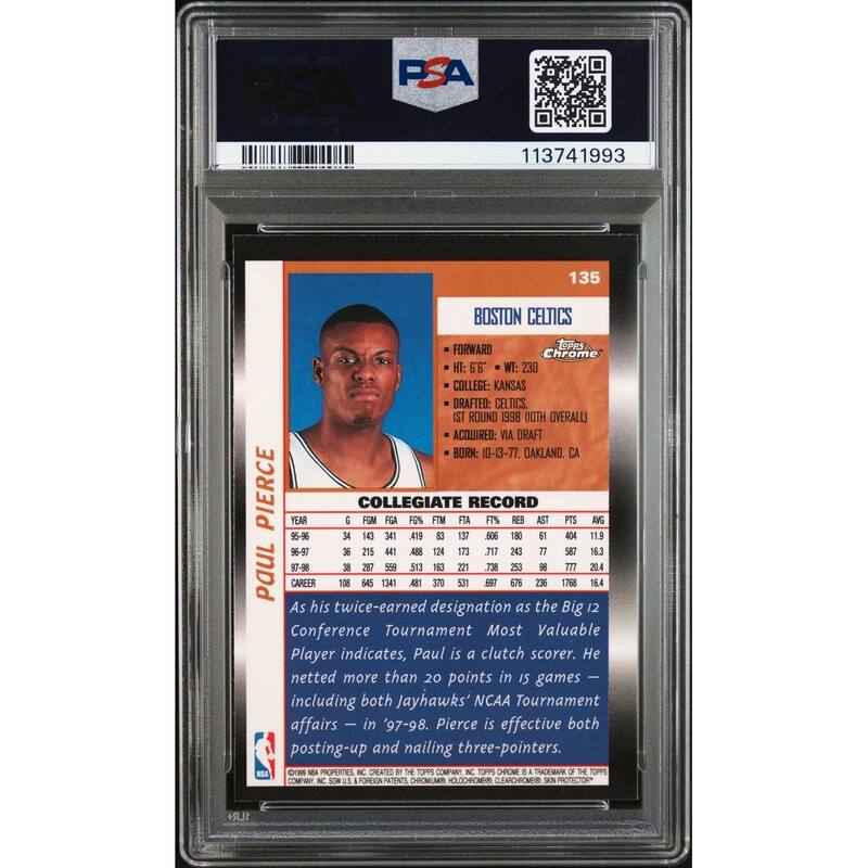 Paul Pierce 1998 Topps Chrome Signed Rookie Card #135 Auto Graded PSA 9 13741993 - 8' x 11'